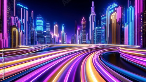 Abstract cityscape illuminated by radiant neon lights, with flowing bokeh trails, representing a futuristic metropolis full of energy