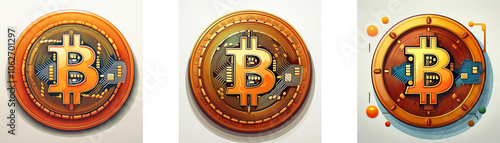 Three circular coins with the Bitcoin symbol in gold on an orange background.