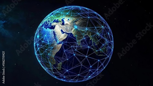 Earth with minimalistic, interconnected digital lines, visualizing the noosphere as a web of collective intelligence and technological evolution