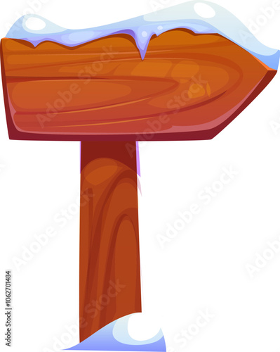 Christmas sign pole or wooden board in winter snow with arrow signpost, cartoon vector. Christmas sign board or Santa North Pole direction arrow, signboard pointer signage for Xmas or New Year holiday