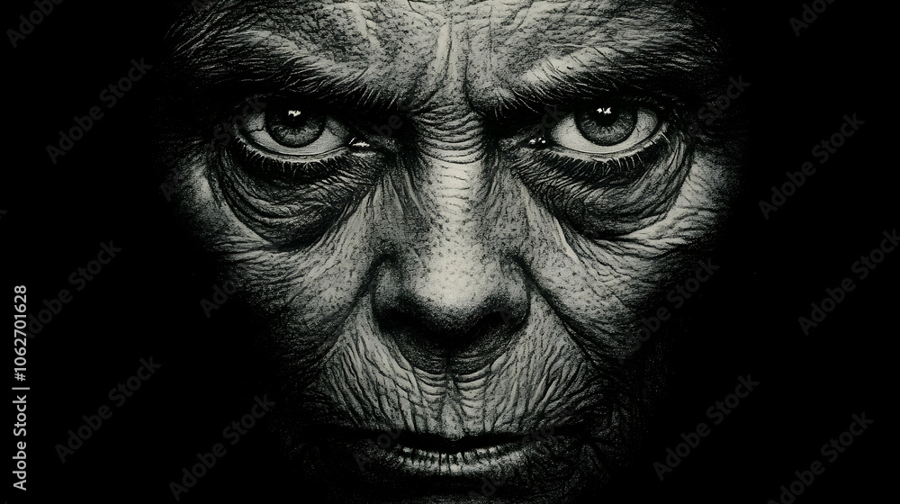 Obraz premium Close-up black and white portrait of an elderly man with intense eyes and a determined expression.