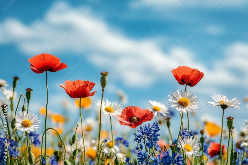 Beautiful summer fields with blooming poppies and green grass, calm atmosphere, sunny day Beautiful summer fields with blooming poppies and green grass, calm atmosphere, sunny day