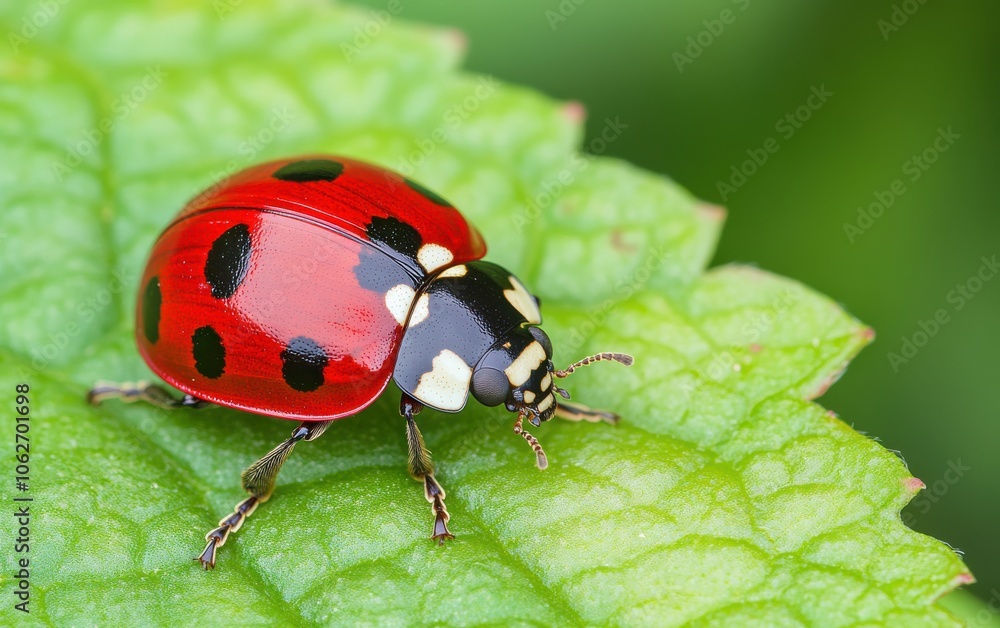 Fototapeta premium A vibrant ladybug rests on a green leaf, showcasing its distinctive red shell adorned with black spots in a natural setting.