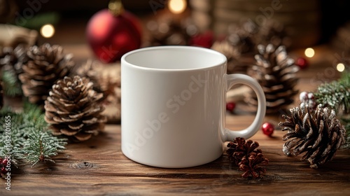 Cozy Festive Mug Surrounded by Pinecones and Holiday on Rustic Wooden Table