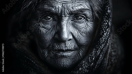 Close-up portrait of an elderly woman with wrinkles and a scarf on her head.