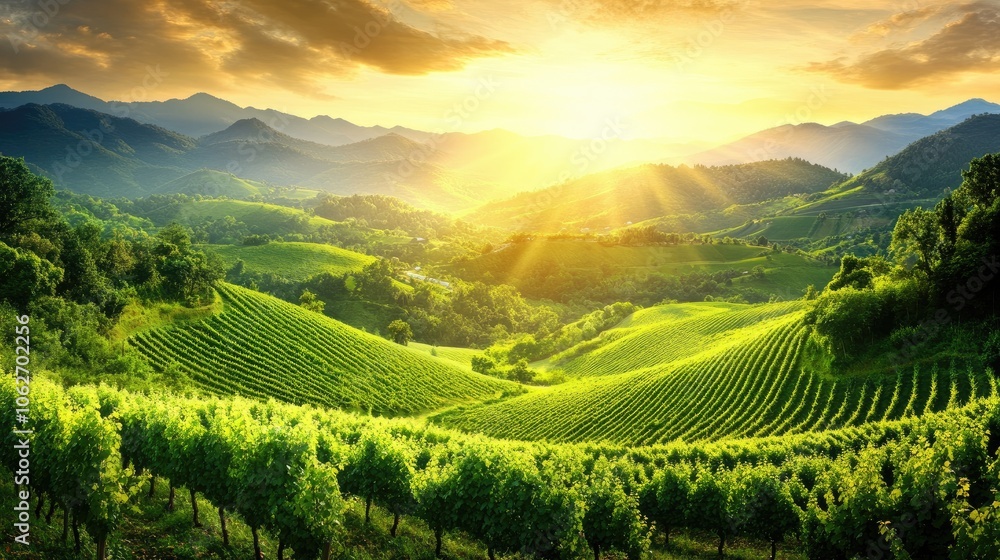 Fototapeta premium Golden Sunrise Over Lush Green Vineyard Landscape