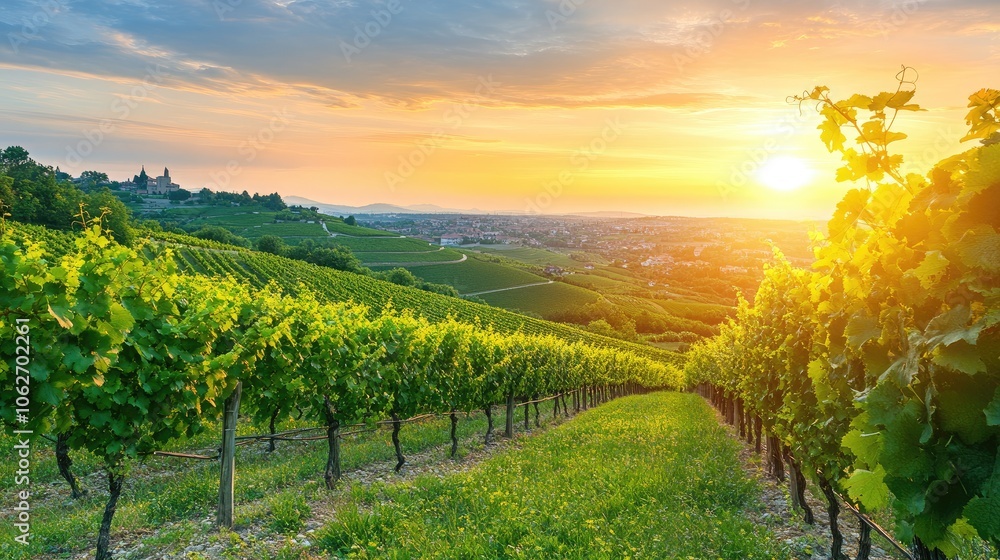 Naklejka premium Serene Sunset Over Lush Vineyard Landscape