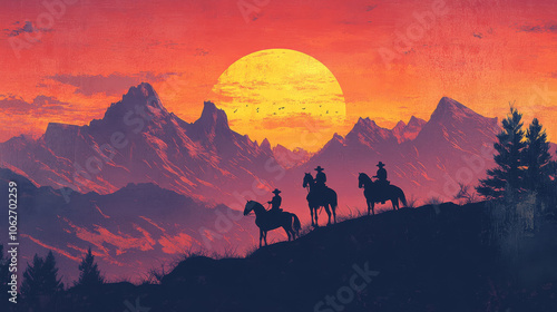 A classic Western movie poster featuring silhouettes of a cowboy, sheriff, and outlaw riding a horse through mountains at sunset or sunrise. The poster is designed in a vertical style.