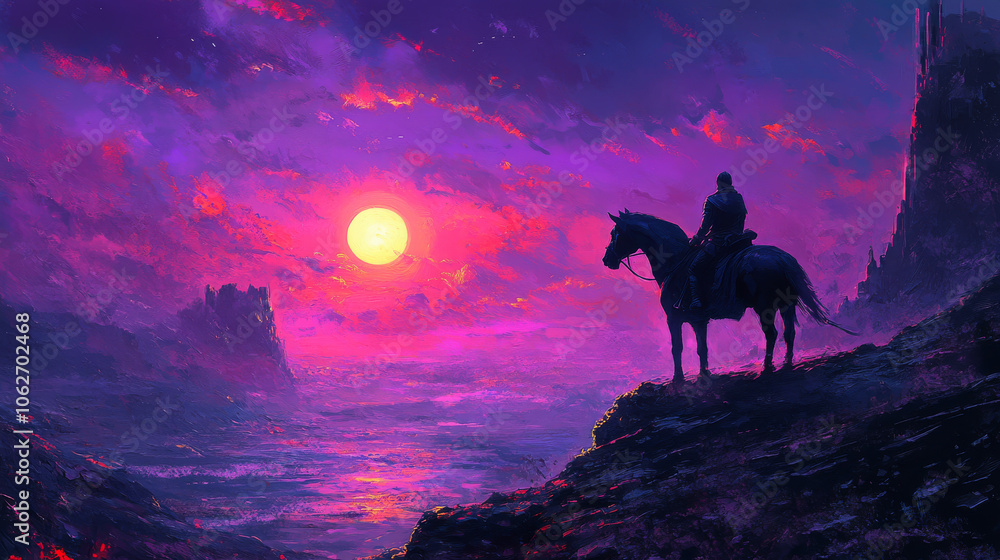 A dark horse and rider stand against a purple sunrise. A dark horse and rider stand against a purple sunrise.