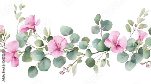 Delicate watercolor pink flowers and eucalyptus leaves forming a soft botanical border, perfect for wedding invitations or spring designs