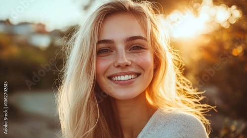 A young woman with long blonde hair smiles brightly as the sun sets behind her.