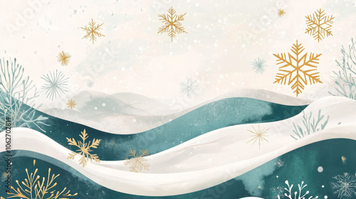 A charming winter scene with gold snowflakes falling against a snowy backdrop. The illustration features delicate ice shapes and a swirling snowfall in shades of white, teal, and blue.