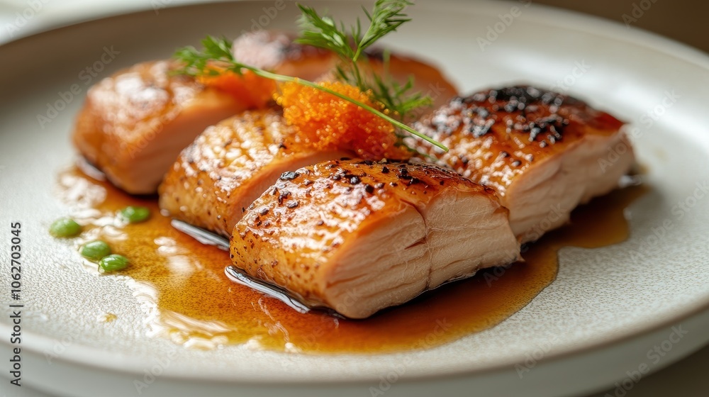 Peking duck presentation with delicate slices, elegant garnish, soft shadows on a white tablecloth, inviting culinary artistry Peking duck presentation with delicate slices, elegant garnish, soft shadows on a white tablecloth, inviting culinary artistry
