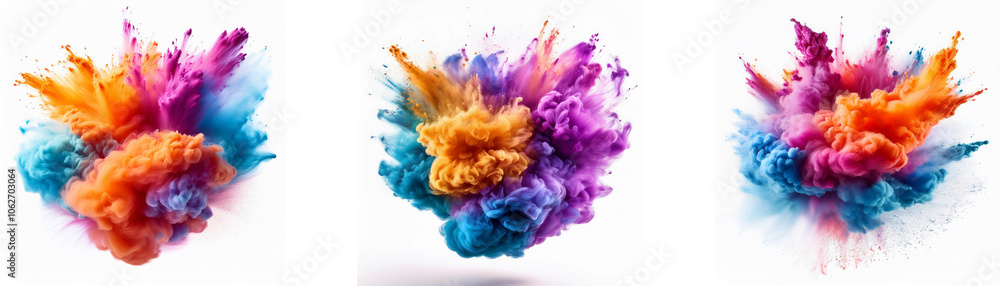 Fototapeta premium Three colorful powder explosions on a white background.