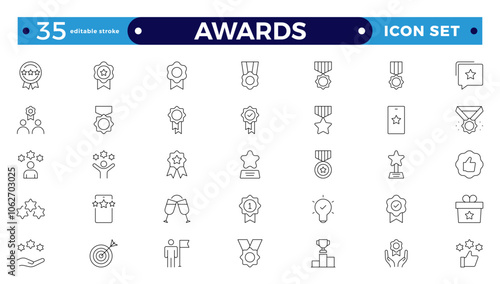 Awards and Bonuses outline icons set. Vector illustration in modern thin line style of icons, such as Cups, Awards, Medals, Diplomas, Champion, Number One, and Winner. Editable stroke outline icon.