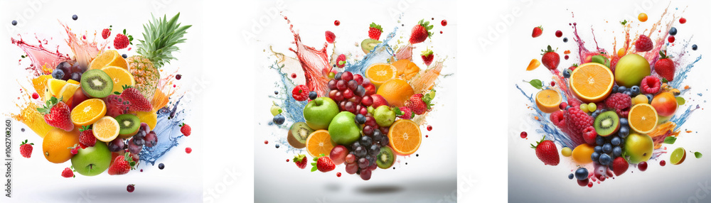Three images of colorful fruit with vibrant splashes of liquid. Three images of colorful fruit with vibrant splashes of liquid.