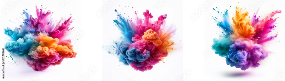 Three colorful explosions of paint on a white background.