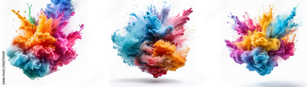 Obraz premium Three colorful clouds of ink exploding against a white background.