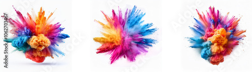 Three colorful powder explosions on a white background.