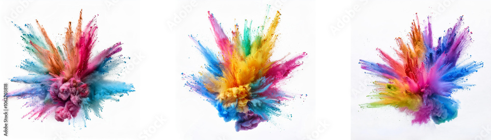 Three vibrant colored powder explosions isolated on a white background. Three vibrant colored powder explosions isolated on a white background.