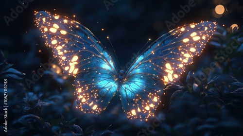 A luminous blue butterfly with glowing edges and wings sits in a dark, blurry background.