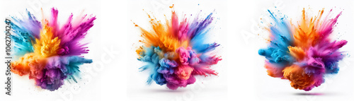 Three colorful powder explosions, isolated on a white background.