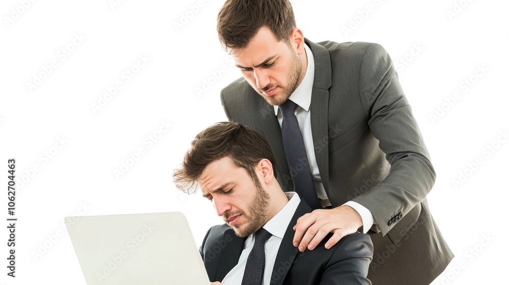 Boss standing over stressed employee, emphasizing the pressure and hierarchy in the workplace. Leadership and workplace dynamics. Boss standing over stressed employee, emphasizing the pressure and hierarchy in the workplace. Leadership and workplace dynamics.
