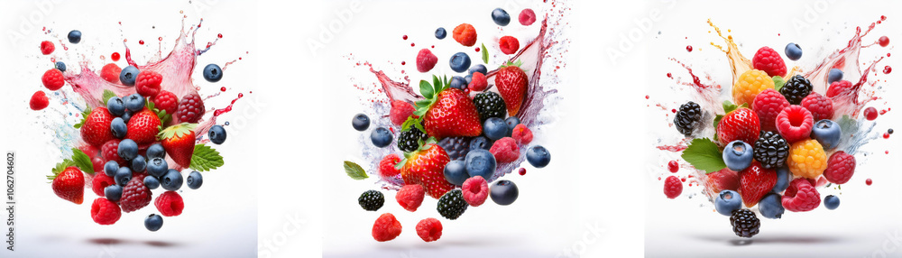 A collage of three images each featuring a variety of fresh berries and fruits, with a splash of juice. A collage of three images each featuring a variety of fresh berries and fruits, with a splash of juice.