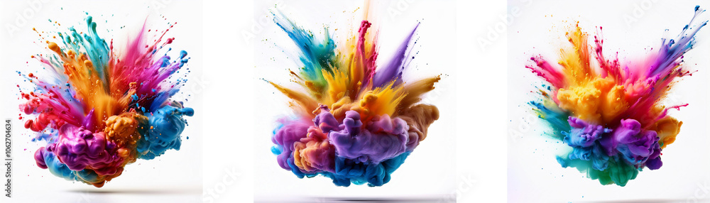 Fototapeta premium Three vibrant, abstract color bursts on a white background.