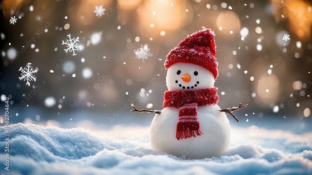 Fototapeta premium An adorable snowman with a red hat and scarf stands in a snowy winter wonderland watching falling snowflakes - festive Christmas scene