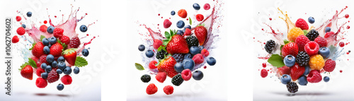 A collage of three images each featuring a variety of fresh berries and fruits, with a splash of juice.