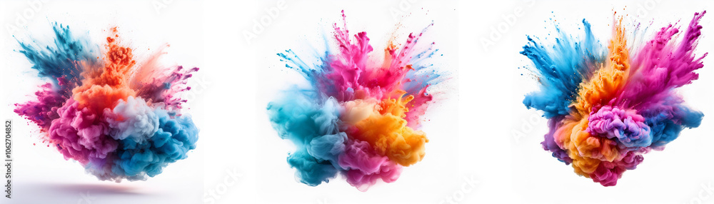Obraz premium Three vibrant colorful powder explosions isolated against a white background.