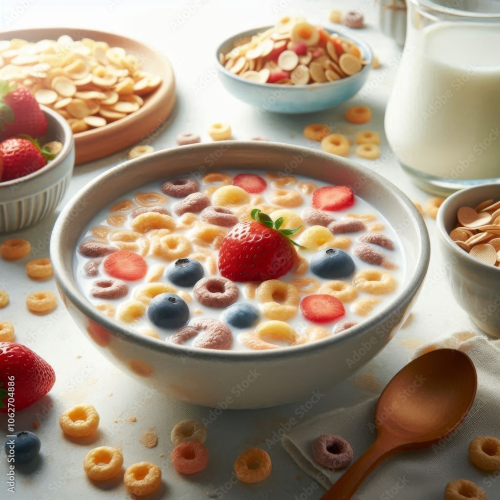 Cereal bowl in a high-key setup, creatively placed to the right, capturing a fresh morning feel Cereal bowl in a high-key setup, creatively placed to the right, capturing a fresh morning feel