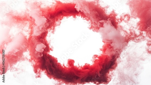 Abstract red smoke ring on white background.