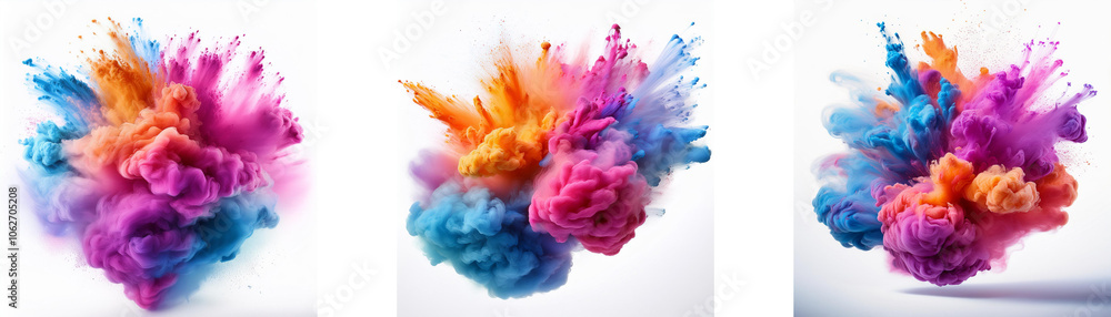 Three vibrant color explosions on a white background. Three vibrant color explosions on a white background.
