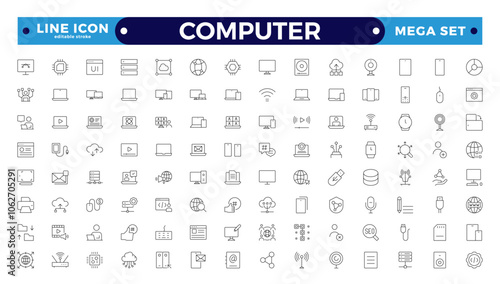 Computer icon set. Containing online, computer, network, website, server, web design, hardware, software monitor, smartphone, tablet and laptop, and programming. Editable stroke outline icon.
