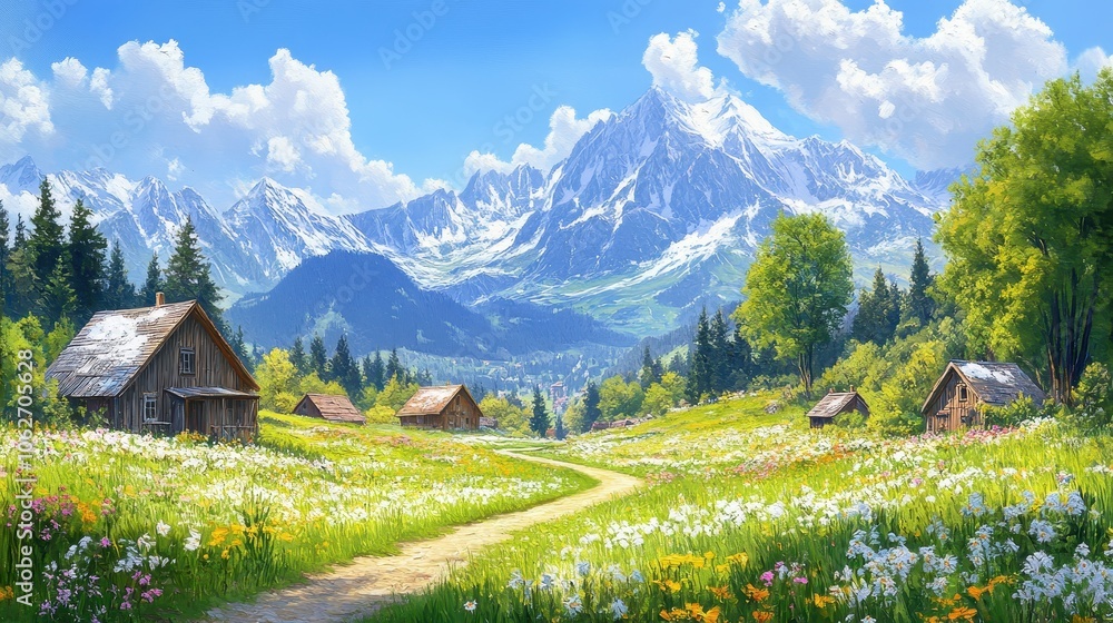 Idyllic countryside summer landscape with wooden old houses, beautiful flowers and trees with the Alp mountains in the background, oil painting on canvas Idyllic countryside summer landscape with wooden old houses, beautiful flowers and trees with the Alp mountains in the background, oil painting on canvas