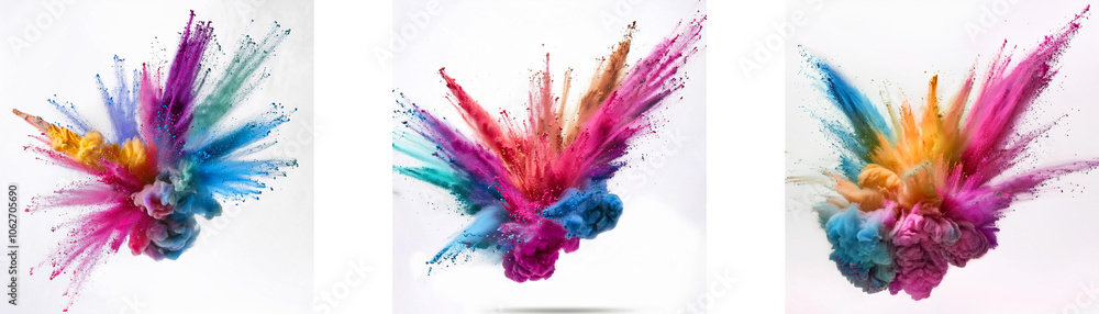 Three colorful explosions of powder paint on a white background Three colorful explosions of powder paint on a white background