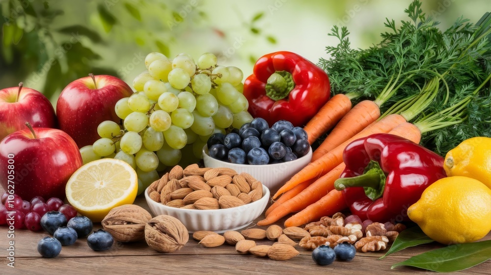 Colorful mix of fruits, nuts, and vegetables on a table, perfect for healthy diet themes Colorful mix of fruits, nuts, and vegetables on a table, perfect for healthy diet themes