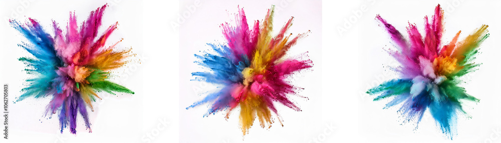 Three colorful explosions of powder are depicted in this image. Three colorful explosions of powder are depicted in this image.