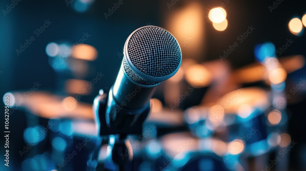 Close-up of a microphone on a stand in front of a blurred drum set in a dimly lit room.