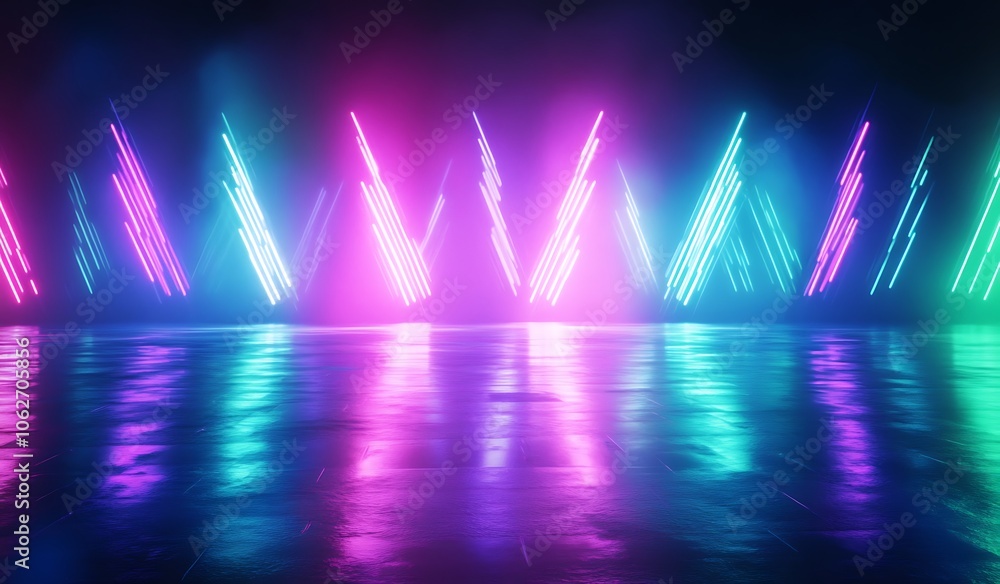 Abstract background with neon lights of green blue pink violet colors glowing in arrowhead lines pattern on shiny reflecting stage Abstract background with neon lights of green blue pink violet colors glowing in arrowhead lines pattern on shiny reflecting stage