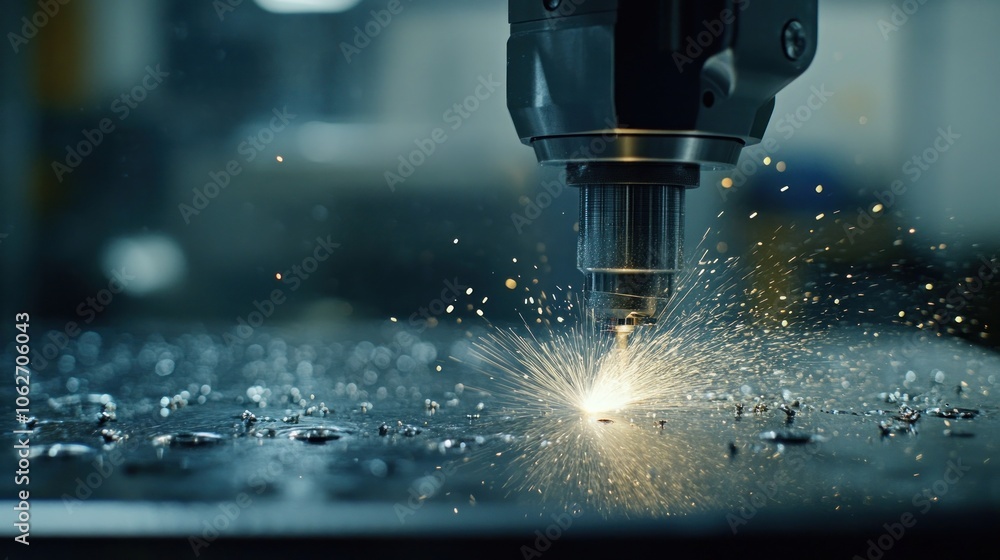 Closeup of a robotic arm with a drill bit cutting metal, sparks flying from the point of contact. Closeup of a robotic arm with a drill bit cutting metal, sparks flying from the point of contact.