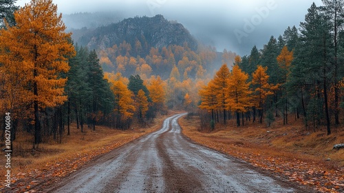 A winding dirt road leads through a misty forest with vibrant autumn foliage, showcasing the beauty of nature in its transition.