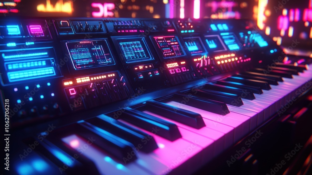 Futuristic synthesizer keyboard with neon lights. Futuristic synthesizer keyboard with neon lights.