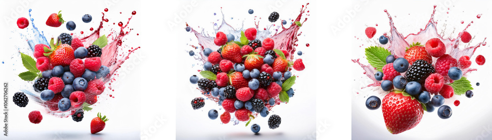 A splash of vibrant color from fresh berries and juice on a white background.