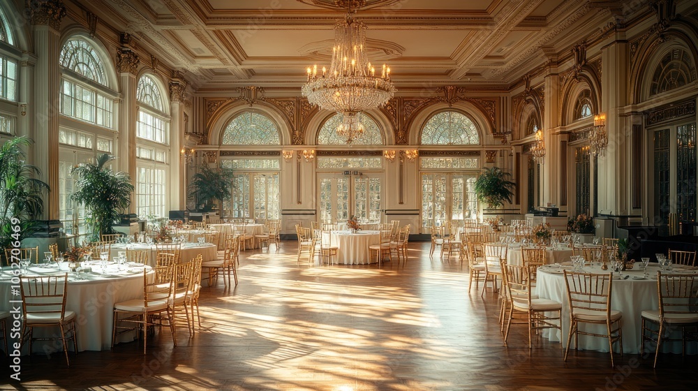An elegant ballroom with large windows, a chandelier, and tables set for a formal event. An elegant ballroom with large windows, a chandelier, and tables set for a formal event.