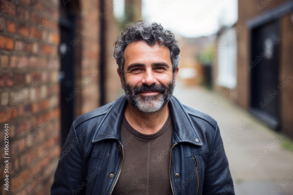 Portrait of a handsome middle-aged man smiling at the camera while standing in the street. Portrait of a handsome middle-aged man smiling at the camera while standing in the street.
