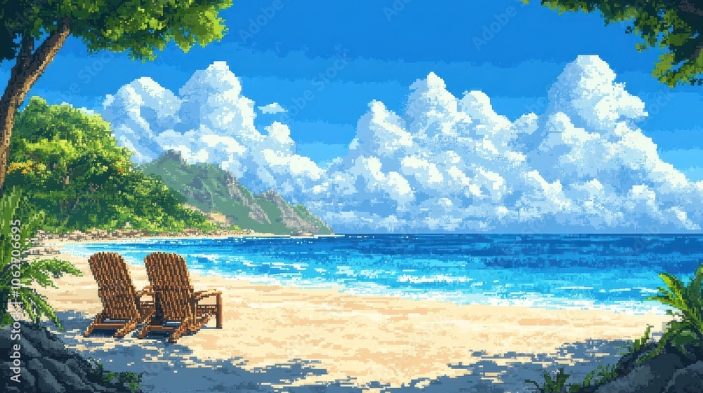 Fototapeta premium 2d pixel art of beach with blue sky, game art, 16 bits, 32 bits