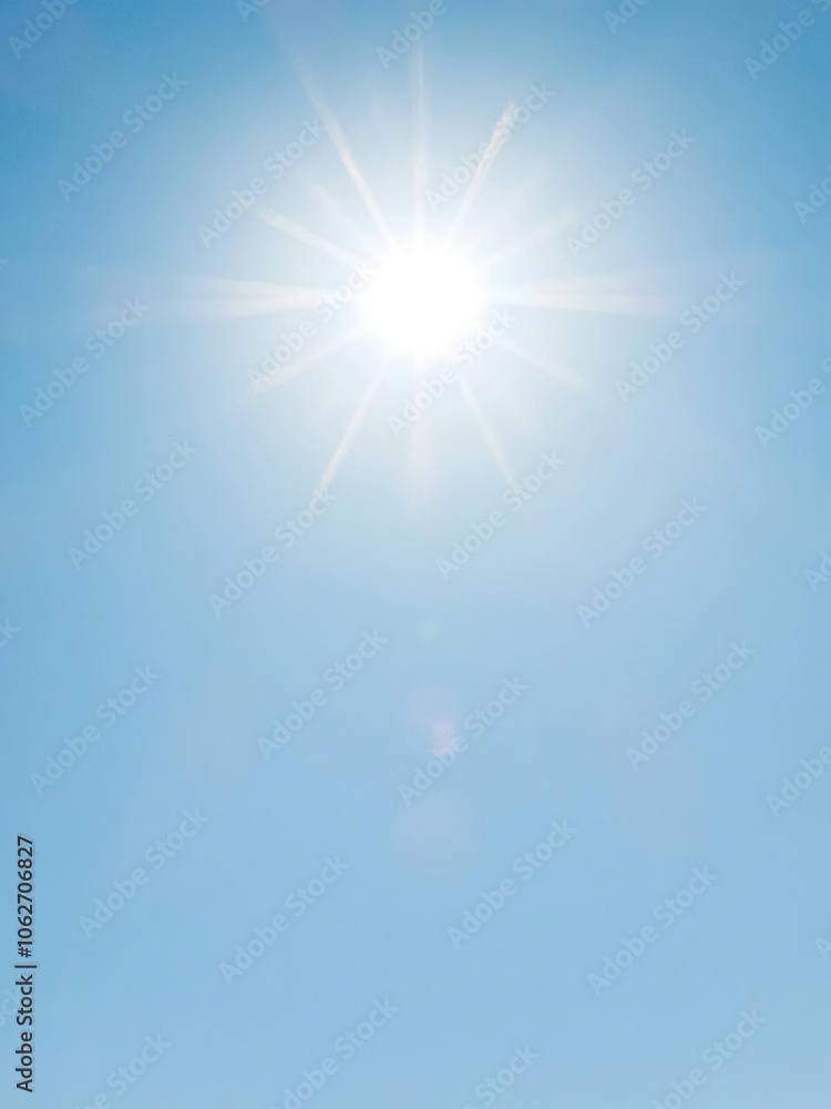 Bright vector sun with a radiant lens flare shining in a clear blue sky, lens flare, sunny, hot Bright vector sun with a radiant lens flare shining in a clear blue sky, lens flare, sunny, hot